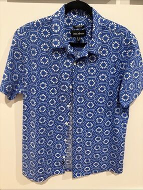Threadbare Regular Fit Blue Short-Sleeve Printed Button-Down Shirt
